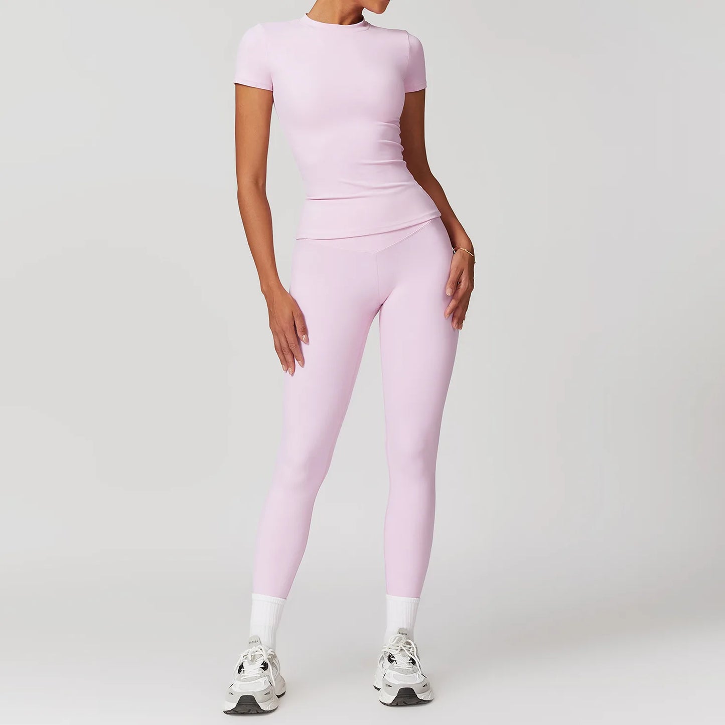 2PCS Yoga Set Women Workout Set Sportswear Gym Clothing Fitness Short Sleeve Crop Top High Waist Leggings Sports Suits